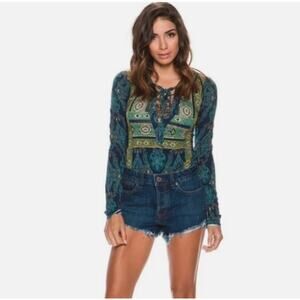 Free People Aloha Lace Up Boho Festival Long Sleeve Top Women Small